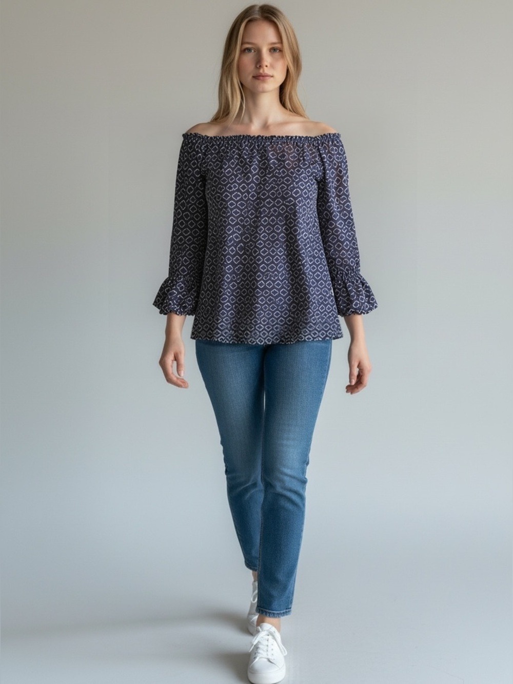 MICHAEL Michael Kors Navy Off-Shoulder Geometric Print Peasant 3/4 Sleeve Top - Picture 4 of 9